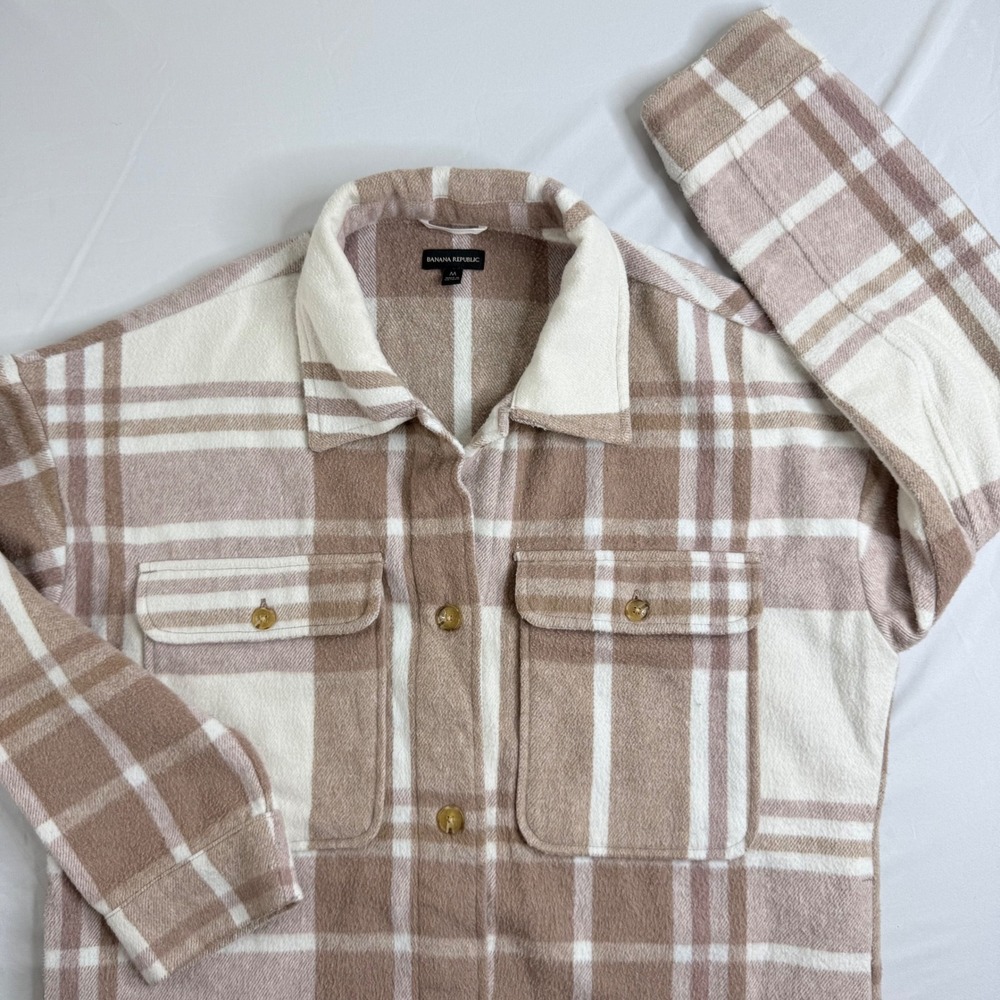 Banana Republic Tan Cream Plaid Oversized Flannel Shirt Jacket Shacket Mens M - Picture 8 of 11